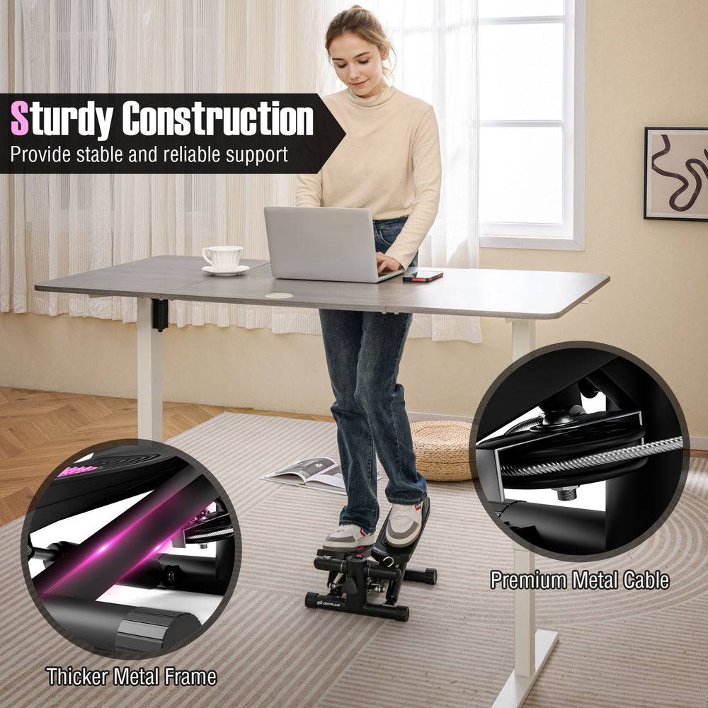 Mini stepper with resistance bands, adjustable height, and sturdy metal frame for effective home workouts.