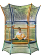 Mini trampoline for kids with safety enclosure net, padded handrails, and vibrant orange color for secure outdoor fun.