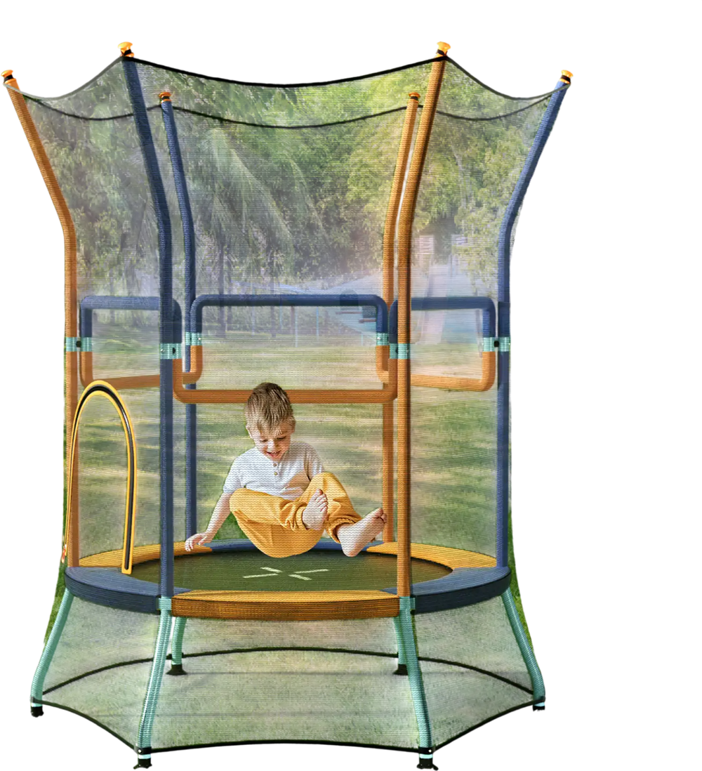 Mini trampoline for kids with safety enclosure net, padded handrails, and vibrant orange color for secure outdoor fun.