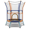 Mini trampoline for kids with safety enclosure net, padded handrails, and vibrant orange design for secure bouncing fun.