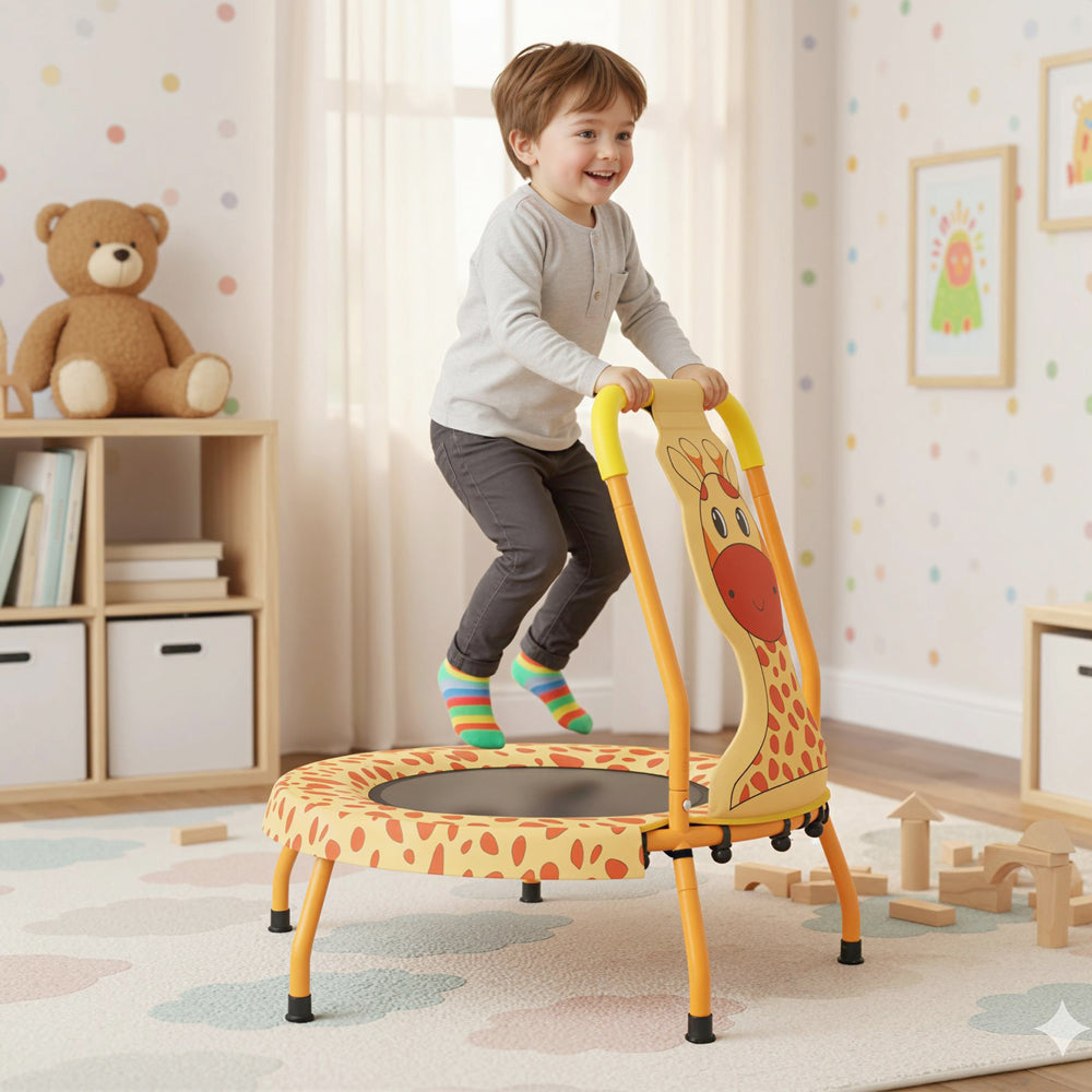 Toddler jumping on an orange mini trampoline with foam padded handle, designed for safety and balance improvement.