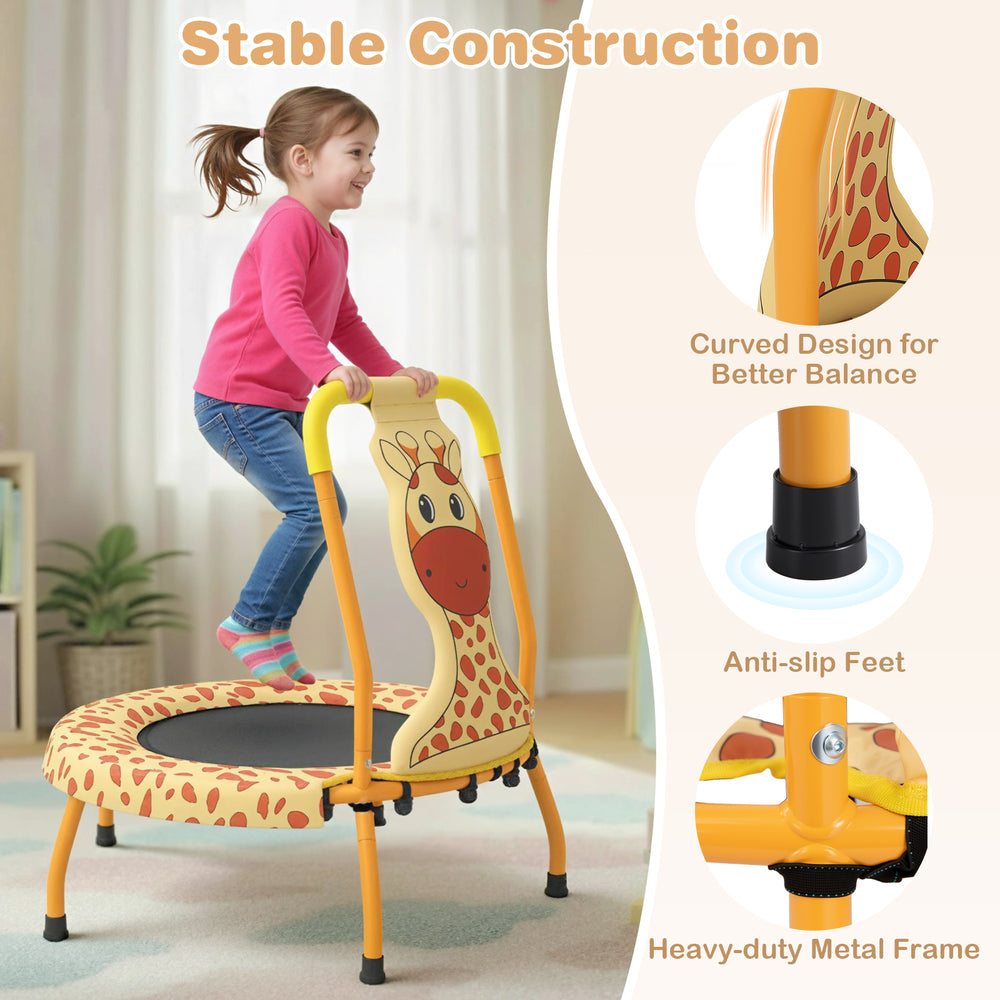 Mini trampoline for toddlers with foam-padded handle, heavy-duty metal frame, and anti-slip feet for safe jumping.