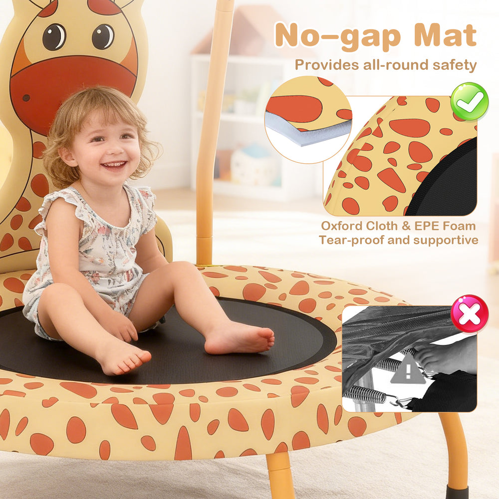 Mini trampoline for toddlers in orange with foam-padded handle and no-gap mat for all-round safety and support.