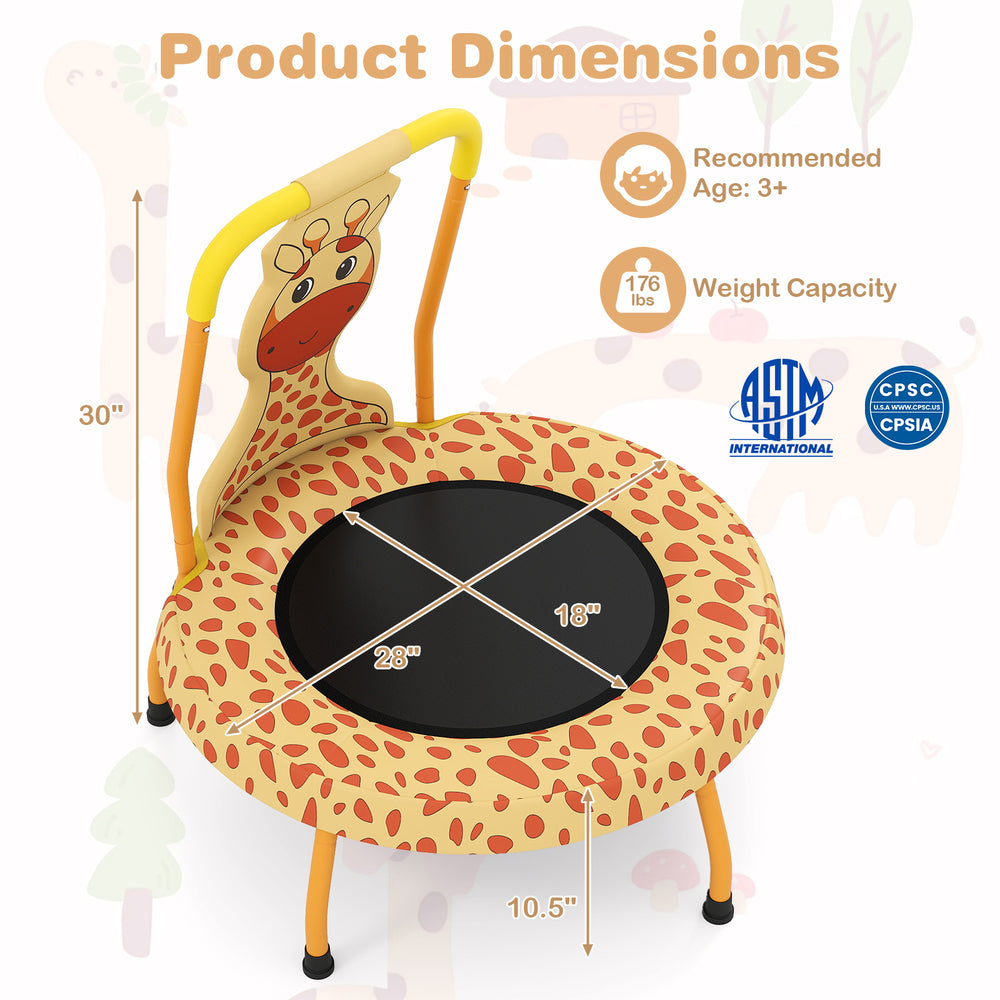 Mini trampoline for toddlers with foam padded handle, safety cover, and strong latex inner strands for safe jumping.