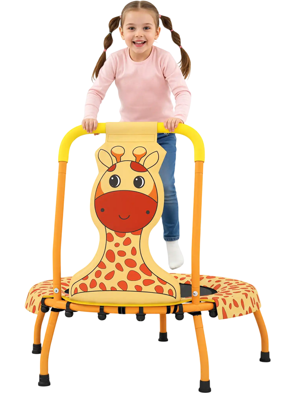 Mini trampoline for toddlers in orange with a giraffe design, featuring a foam-padded handle for safety and comfort.