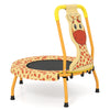Mini trampoline for toddlers with a giraffe design, foam-padded handle, and safety cover for secure jumping fun.