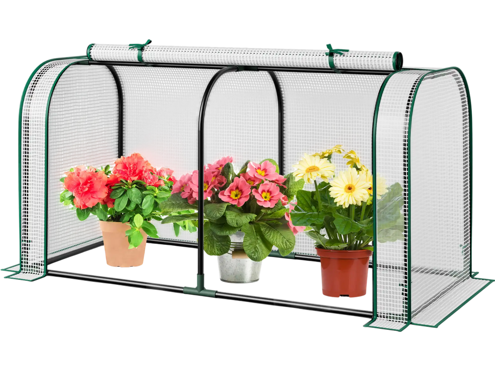 Mini tunnel greenhouse with roll-up zipper door, PE cover, and rustproof frame, ideal for protecting potted plants.
