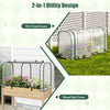 Mini tunnel greenhouse with roll-up zipper door, PE cover, and rustproof frame for plant protection and ventilation.
