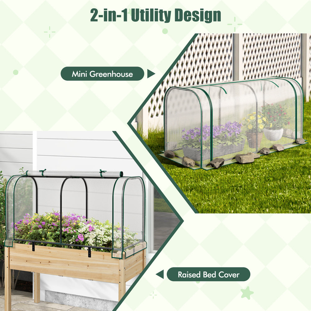 Mini tunnel greenhouse with roll-up zipper door, PE cover, and rustproof frame for plant protection and ventilation.
