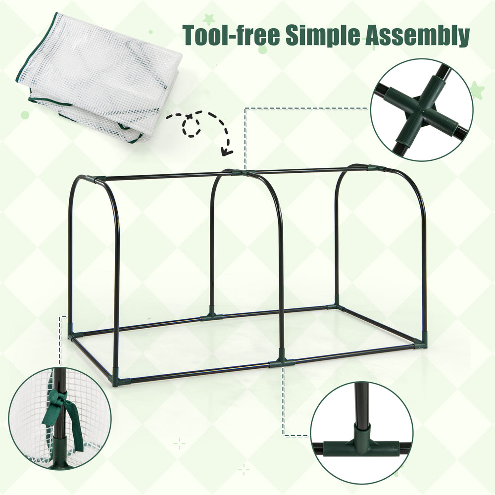 Mini tunnel greenhouse with roll-up zipper door, rustproof metal frame, and PE cover for plant protection and.