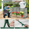 Mini tunnel greenhouse with roll-up zipper door, PE cover, rustproof frame, ideal for protecting potted plants outdoors.