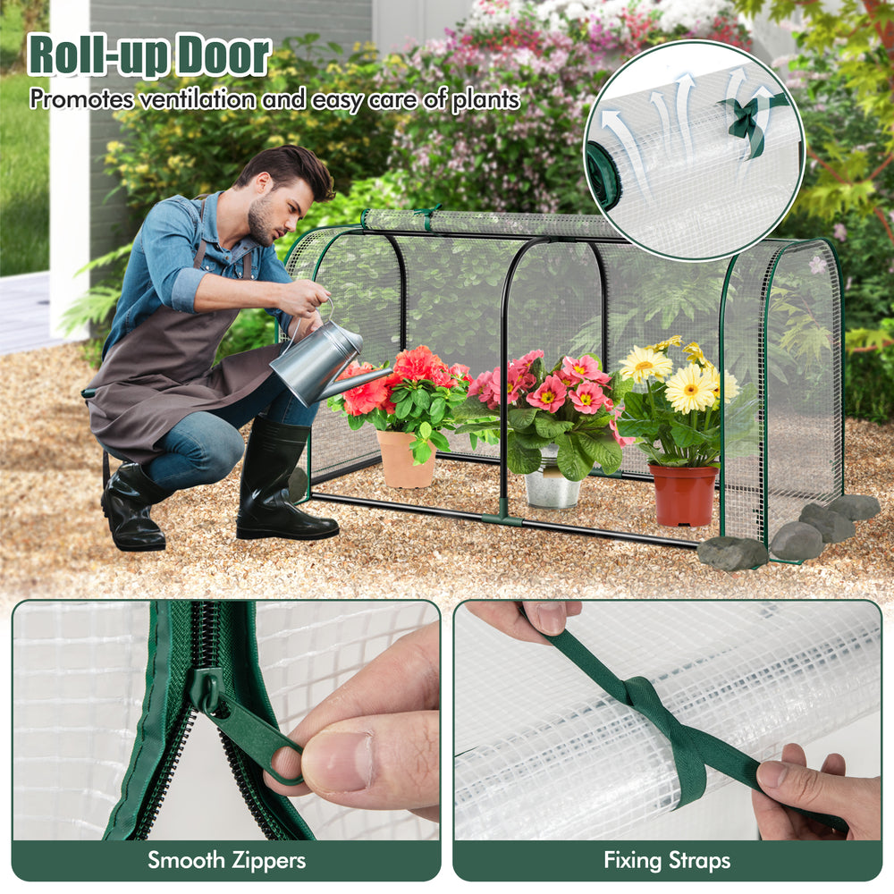 Mini tunnel greenhouse with roll-up zipper door, PE cover, rustproof frame, ideal for protecting potted plants outdoors.