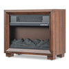 Mini wooden tabletop fireplace featuring a realistic flame effect, 750W heating power, and anti-scratch foot pads for.