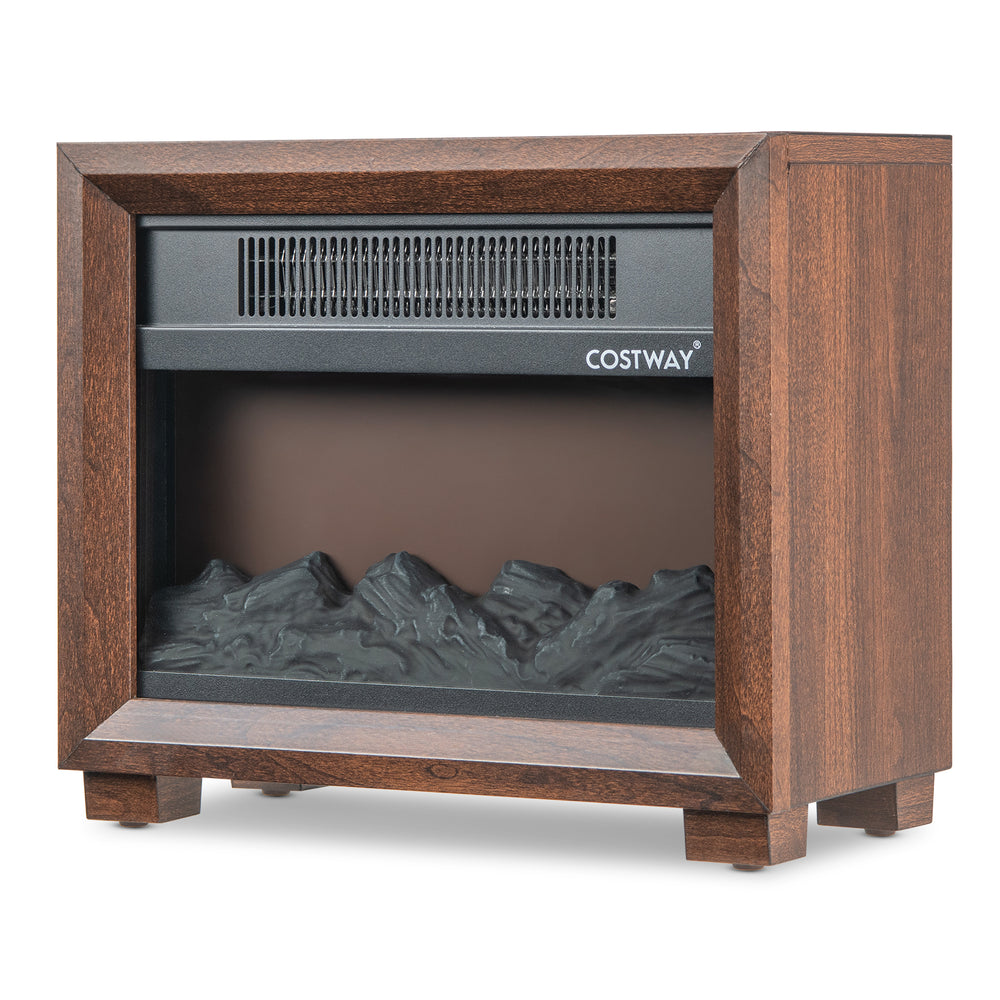 Mini wooden tabletop fireplace featuring a realistic flame effect, 750W heating power, and anti-scratch foot pads for.