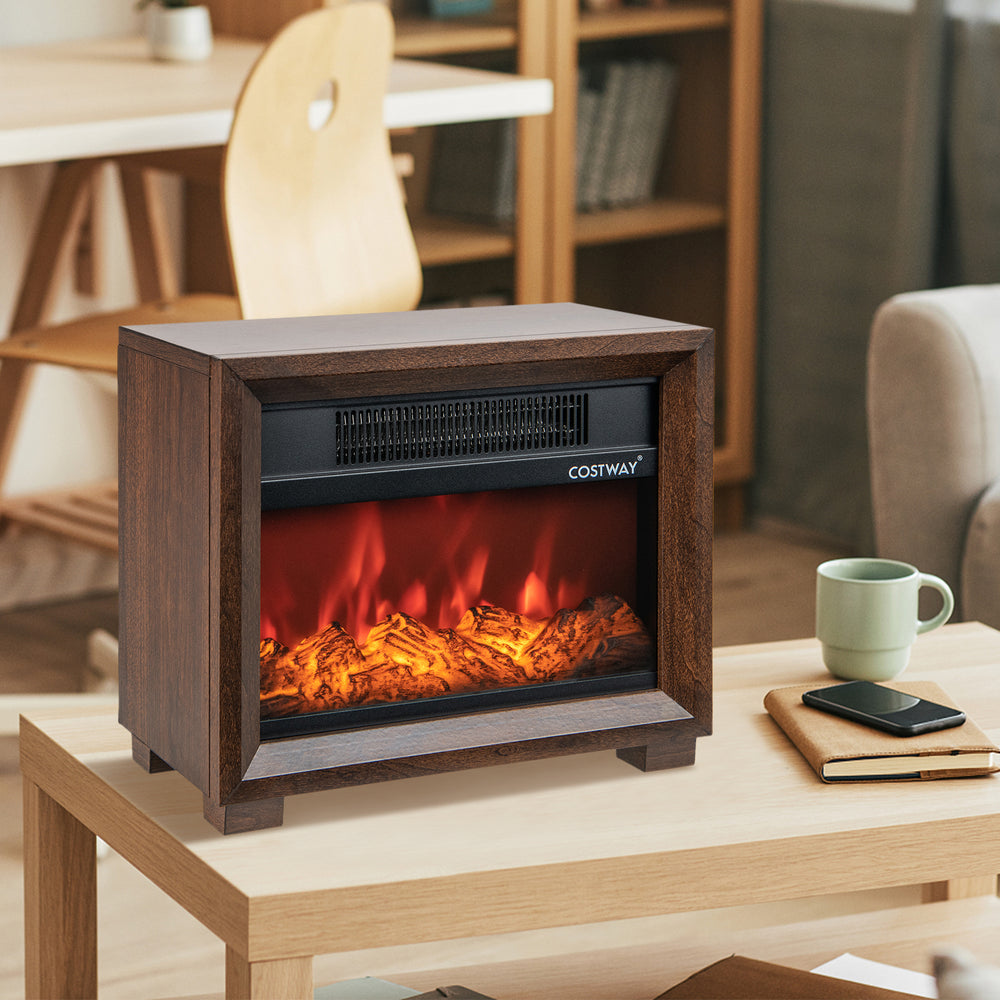 Mini wooden tabletop fireplace with realistic flame effect, 750W heating power, perfect for cozy indoor spaces.