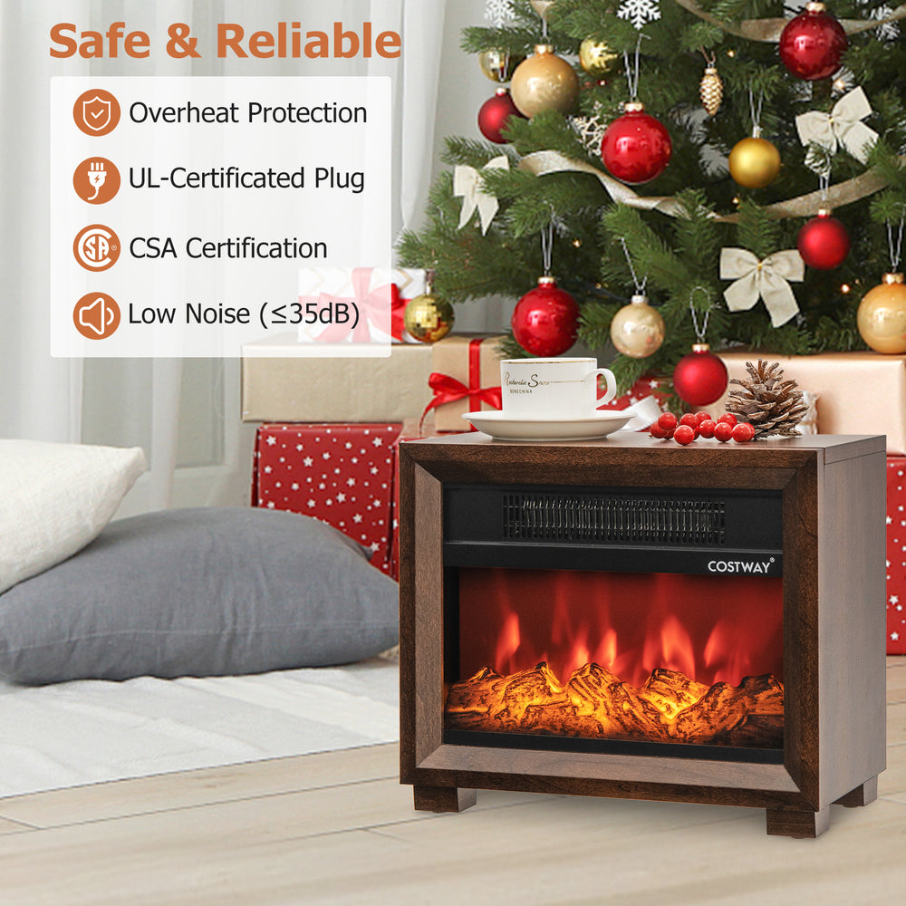 Mini wooden tabletop fireplace with realistic flame effect, 750W heating power, and overheat protection for cozy warmth.
