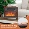 Mini wooden tabletop fireplace with realistic flame effect, cool-to-touch top, perfect for drinks and snacks.