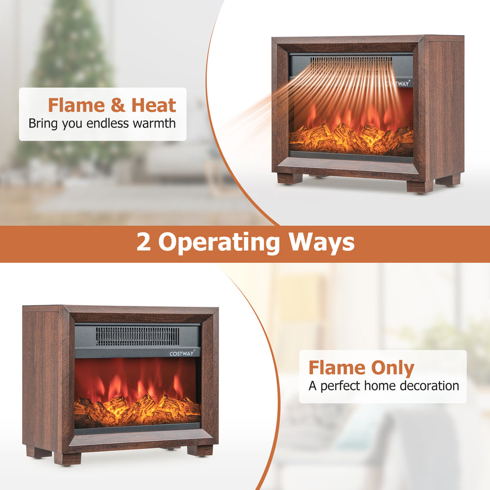 Mini wooden tabletop fireplace with realistic flame effect, offering flame and heat or flame only for cozy warmth.