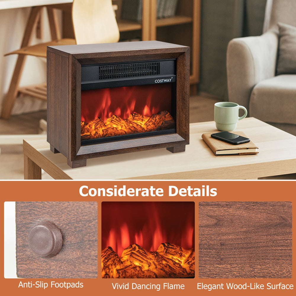 Mini wooden tabletop fireplace with realistic flame effect, anti-slip footpads, and elegant wood-like surface for cozy.
