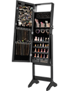 Black mirror jewelry cabinet with 20 warm lights, featuring abundant storage and 4 tilt angles for versatile use.