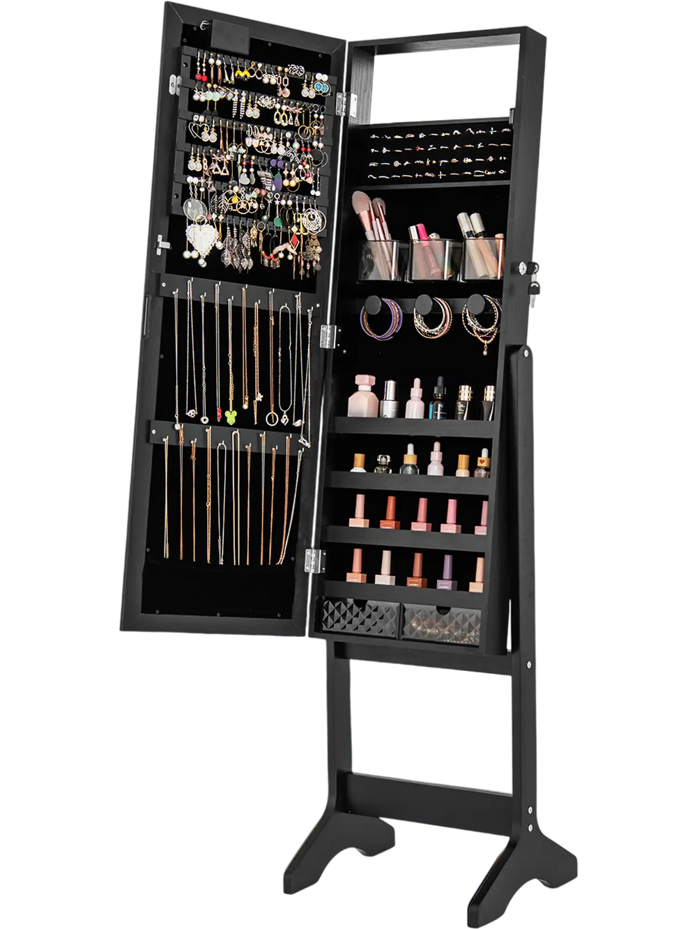Black mirror jewelry cabinet with 20 warm lights, featuring abundant storage and 4 tilt angles for versatile use.