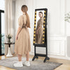 Full-length black mirror jewelry cabinet with 20 warm lights and 4 tilt angles, perfect for outfit viewing and storage.