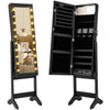 Full-length black mirror jewelry cabinet with 20 warm lights and 4 tilt angles, featuring abundant storage and elegant.