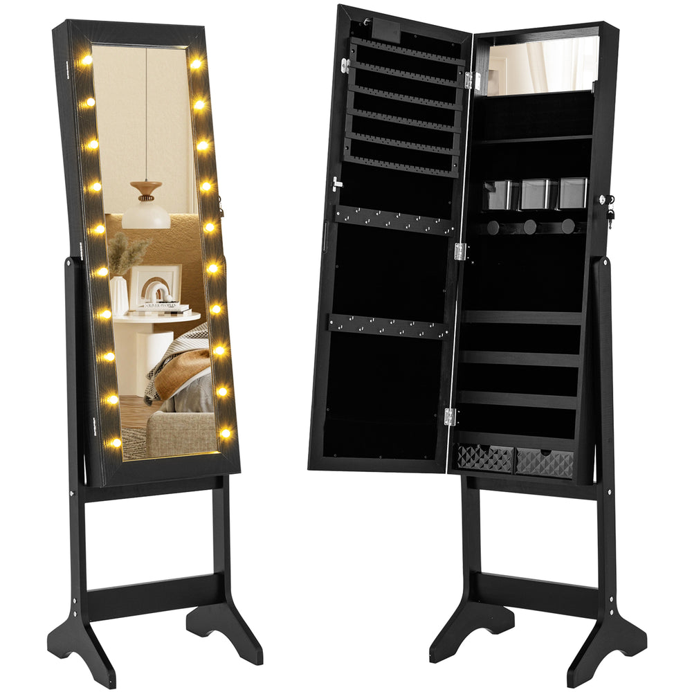 Full-length black mirror jewelry cabinet with 20 warm lights and 4 tilt angles, featuring abundant storage and elegant.
