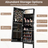 Mirror jewelry cabinet in black with 20 warm lights, 52 ring slots, and abundant storage for cosmetics and jewelry.
