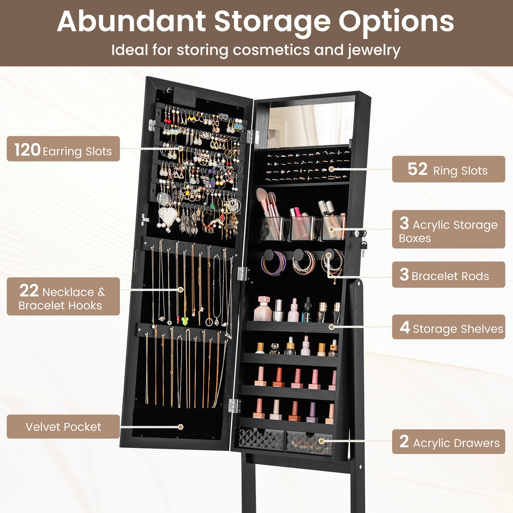 Mirror jewelry cabinet in black with 20 warm lights, 52 ring slots, and abundant storage for cosmetics and jewelry.