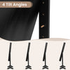 Close-up of the mirror jewelry cabinet showing 4 tilt angles, black finish, and sturdy triangular base for stability.