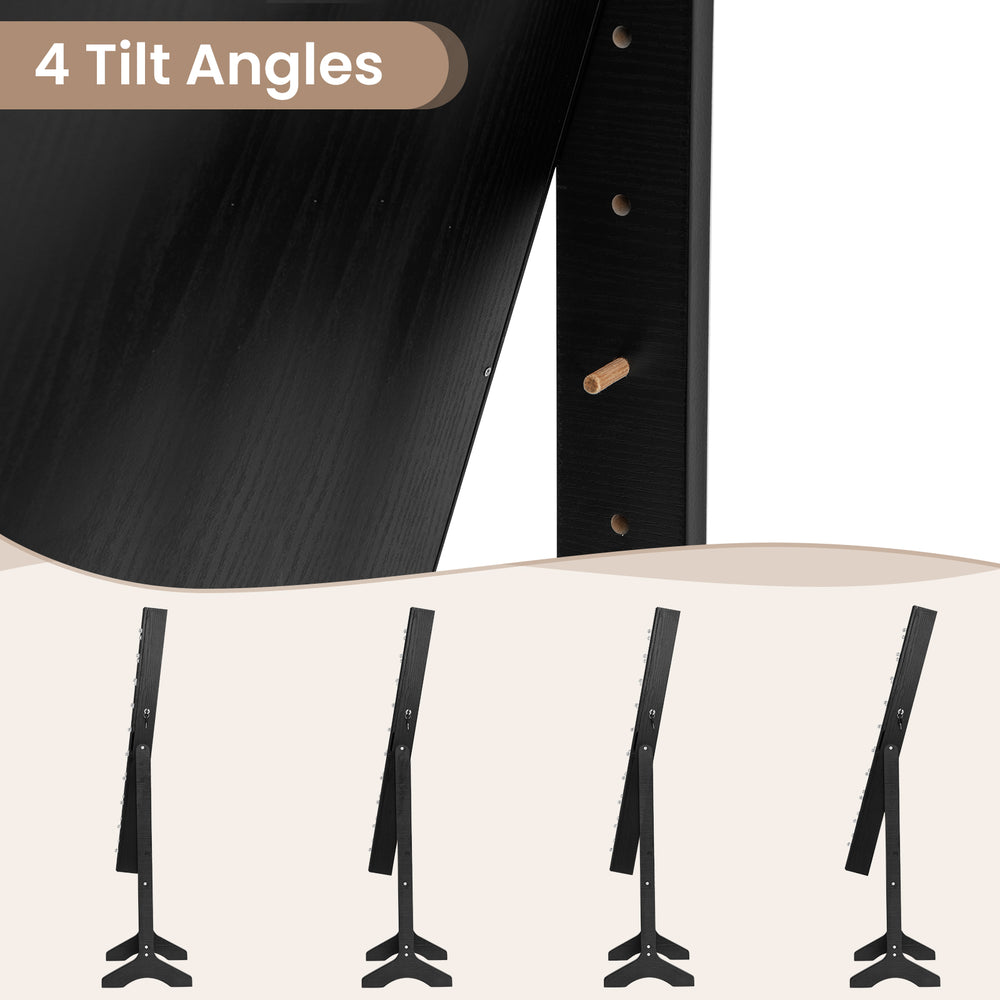 Close-up of the mirror jewelry cabinet showing 4 tilt angles, black finish, and sturdy triangular base for stability.