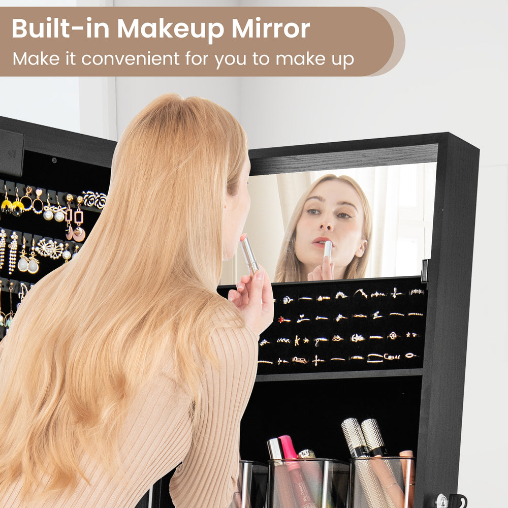 Mirror jewelry cabinet with built-in mirror, 20 warm lights, and 4 tilt angles for convenient makeup application.
