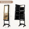 Full-length mirror jewelry cabinet in black with 20 warm lights, 4 tilt angles, and ample storage for jewelry.