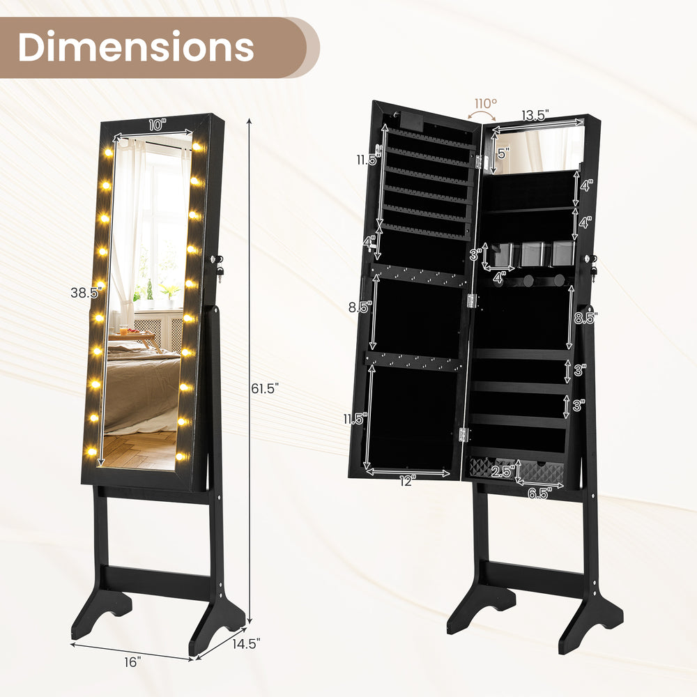 Full-length mirror jewelry cabinet in black with 20 warm lights, 4 tilt angles, and ample storage for jewelry.