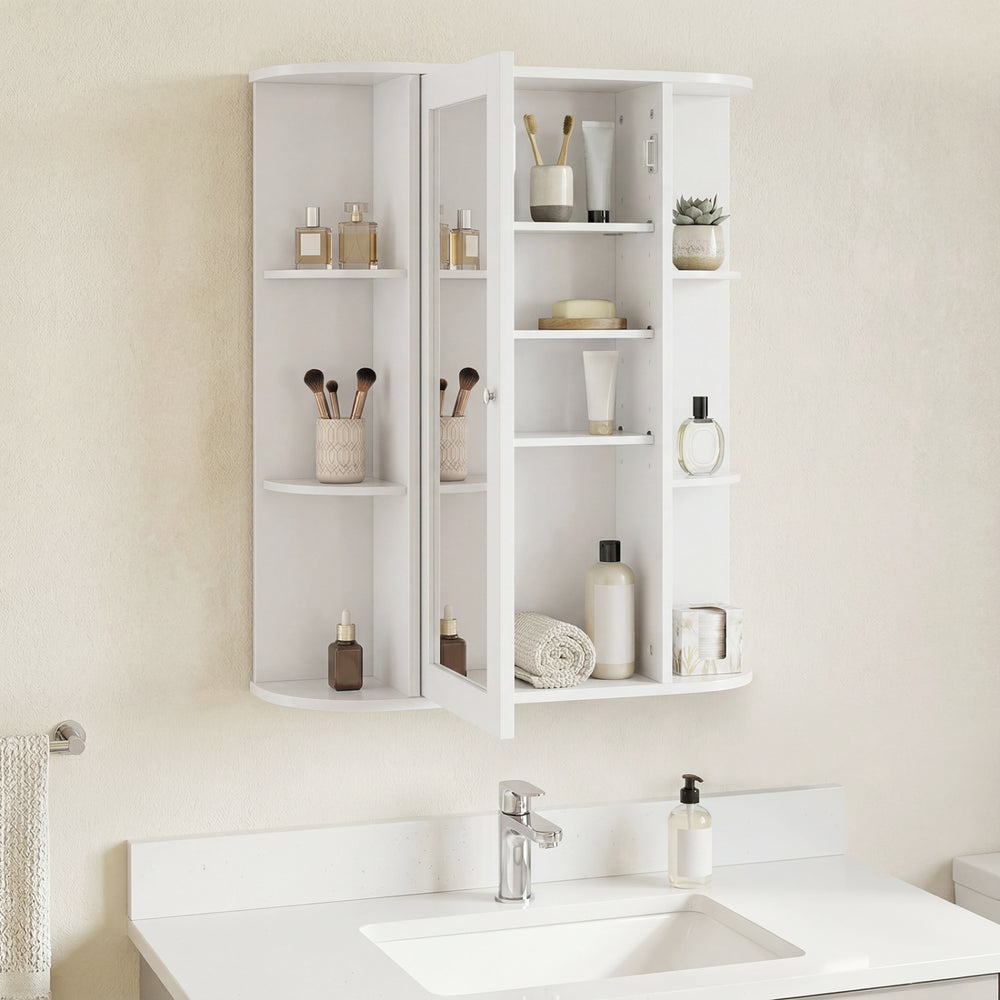 Mirrored bathroom medicine cabinet in white features adjustable shelves and ample storage for toiletries and essentials.