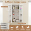 Mirrored bathroom medicine cabinet in white with adjustable shelves and ample storage space for towels and cosmetics.