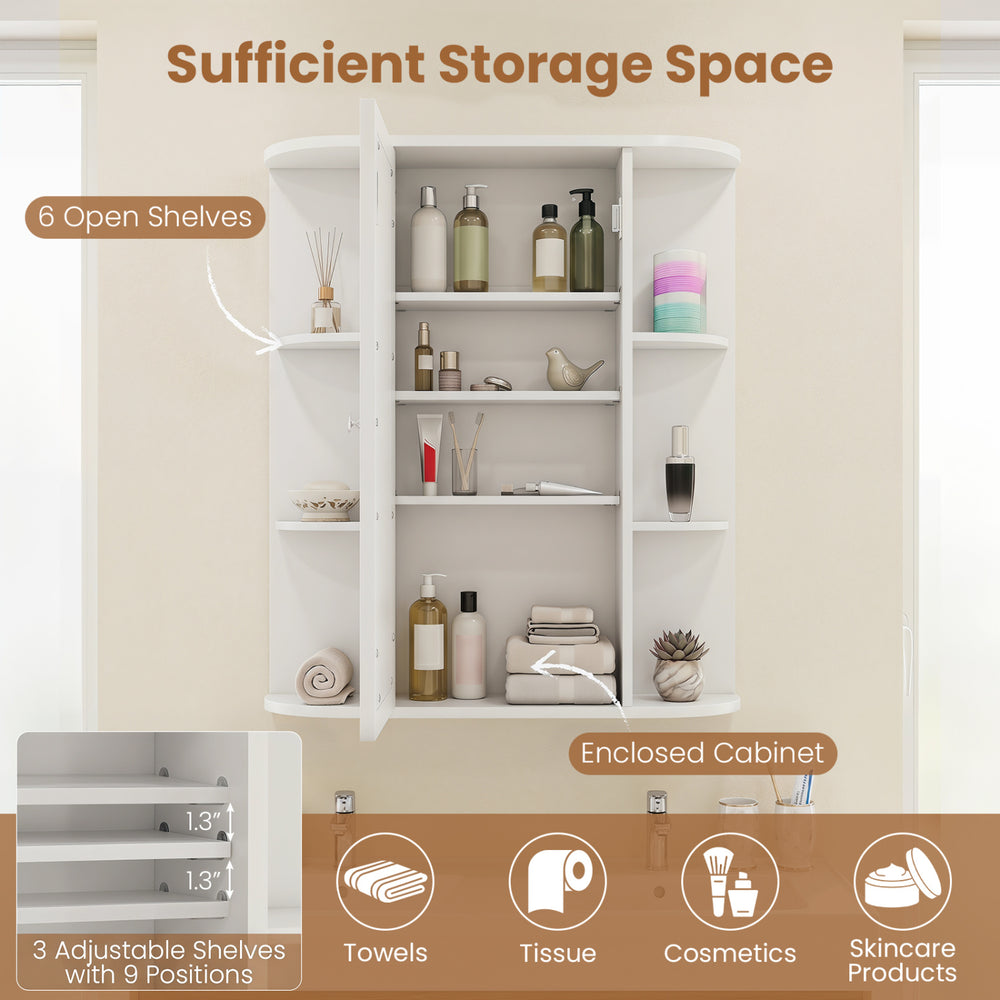 Mirrored bathroom medicine cabinet in white with adjustable shelves and ample storage space for towels and cosmetics.