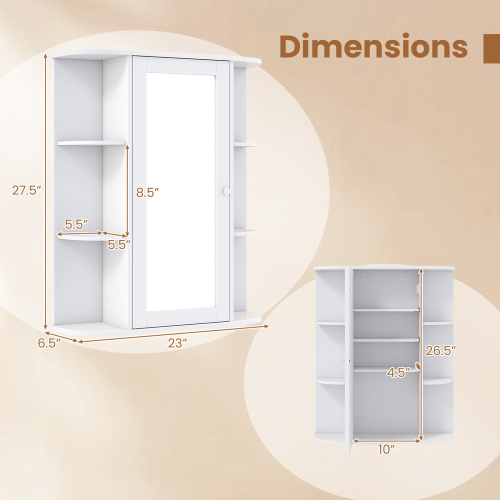 Mirrored bathroom medicine cabinet features a single mirror door, adjustable shelves, and ample storage space in white.