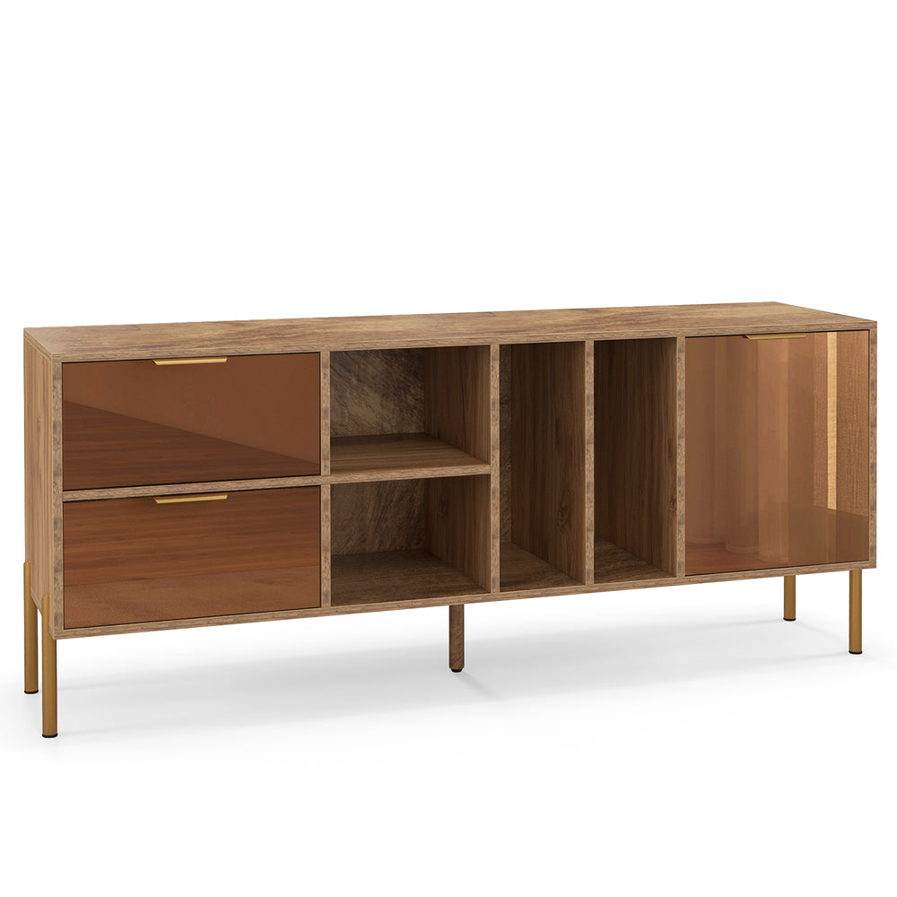 Mirrored buffet cabinet showcasing a large tabletop and elegant natural finish, ideal for living room display and.