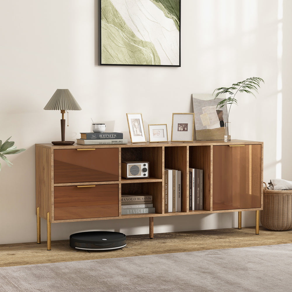 Mirrored buffet cabinet with 2 drawers and 1 door, featuring a natural finish and open compartments for stylish storage.