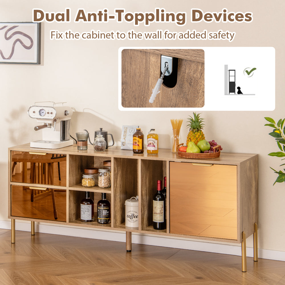 Mirrored buffet cabinet with 2 drawers and 1 door, featuring anti-toppling devices, ideal for living room storage.