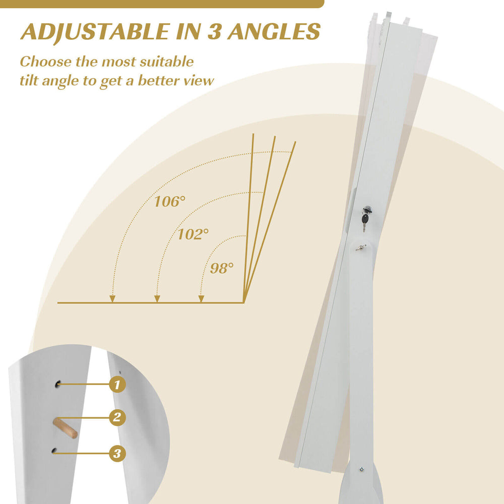 Adjustable tilt angles of the white mirrored jewelry armoire, featuring a lockable design and durable MDF frame.