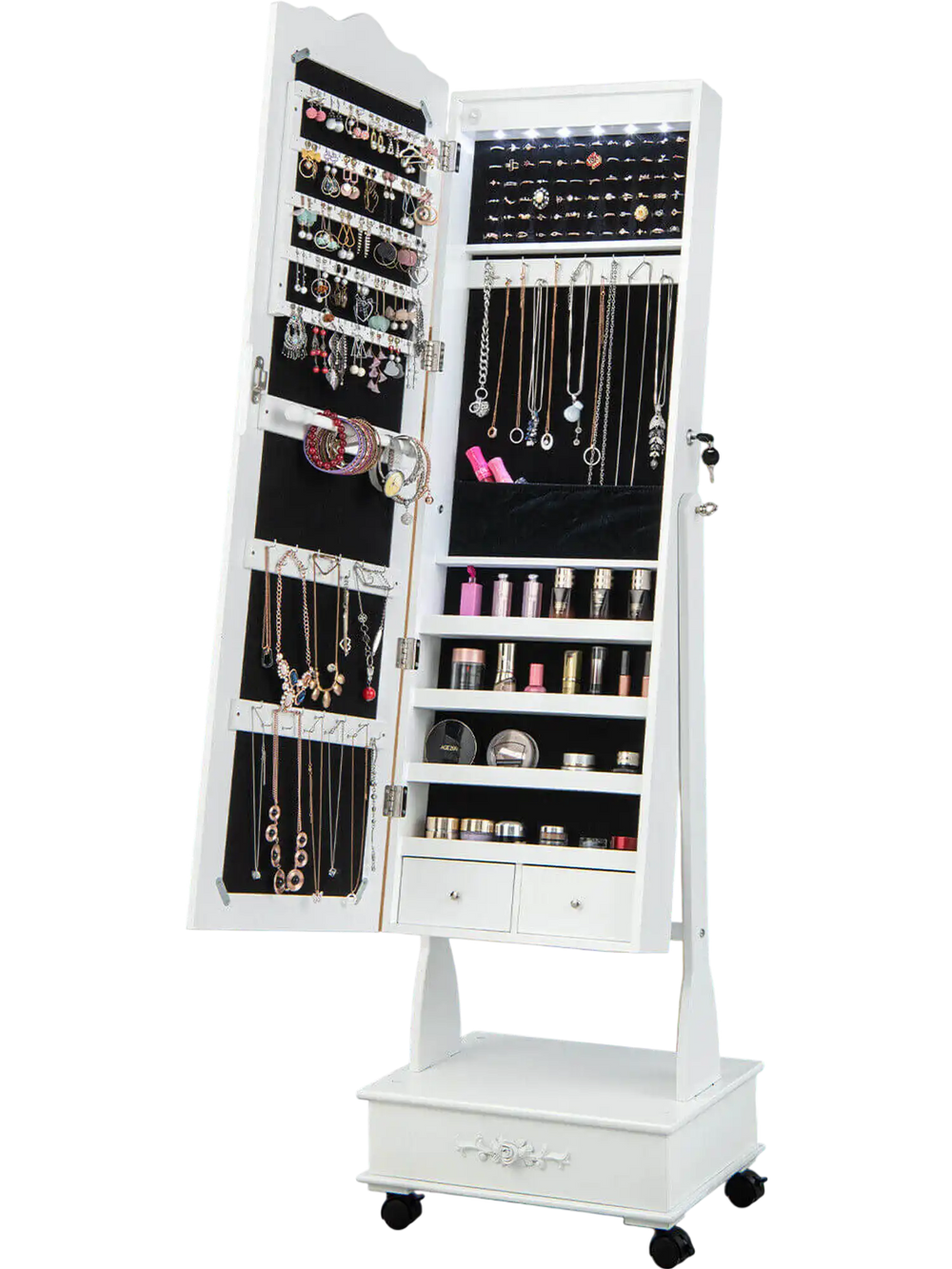 Rolling floor standing mirrored jewelry armoire in white with LED lights, lockable design, and adjustable tilt for easy.
