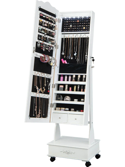 Costway Rolling Mirrored Jewelry Armoire with Lock & Drawers 59843721 New
