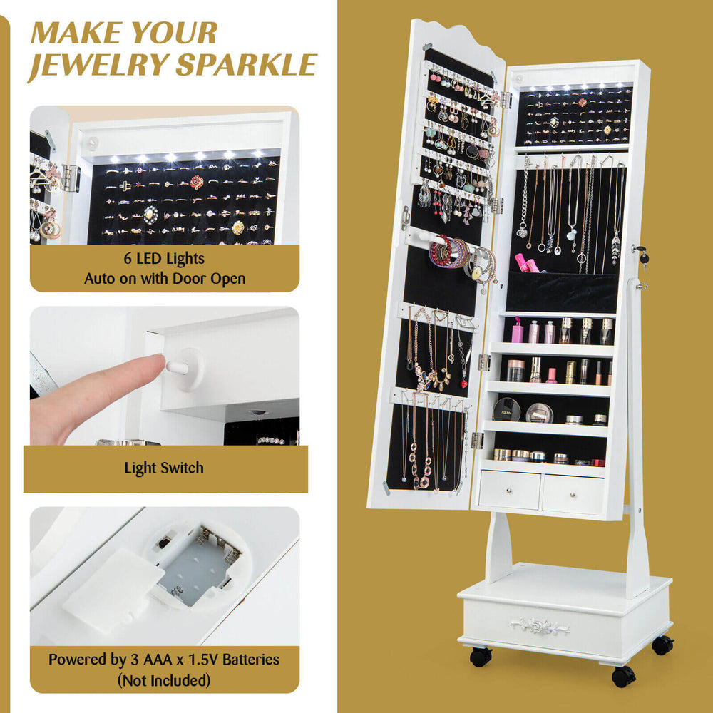 Close-up view of the white jewelry armoire's LED light switch and embedded door handle for easy access and convenience.