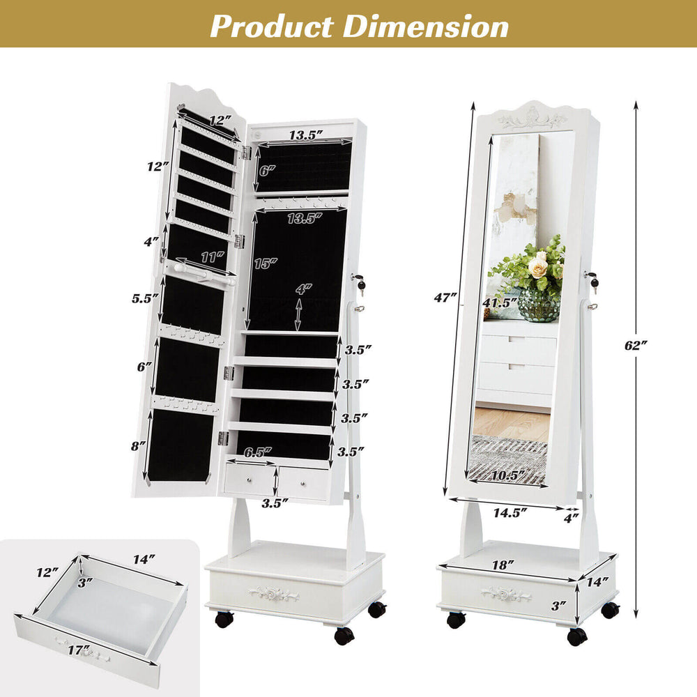 Full-length mirrored jewelry armoire in white with lock, drawers, and LED lights for elegant storage and easy access.
