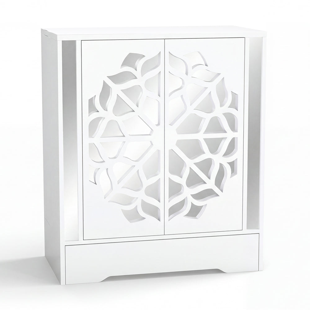 White mirrored shoe cabinet with hollow-carved doors, spacious shelves, and large drawer for stylish shoe storage.