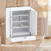 Dimensions of the white mirrored shoe cabinet with 4 tiers, showcasing spacious shelves and a large drawer for storage.