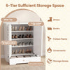 Mirrored 4-tier shoe cabinet with removable shelves and large drawer, perfect for stylish shoe storage in entryways.